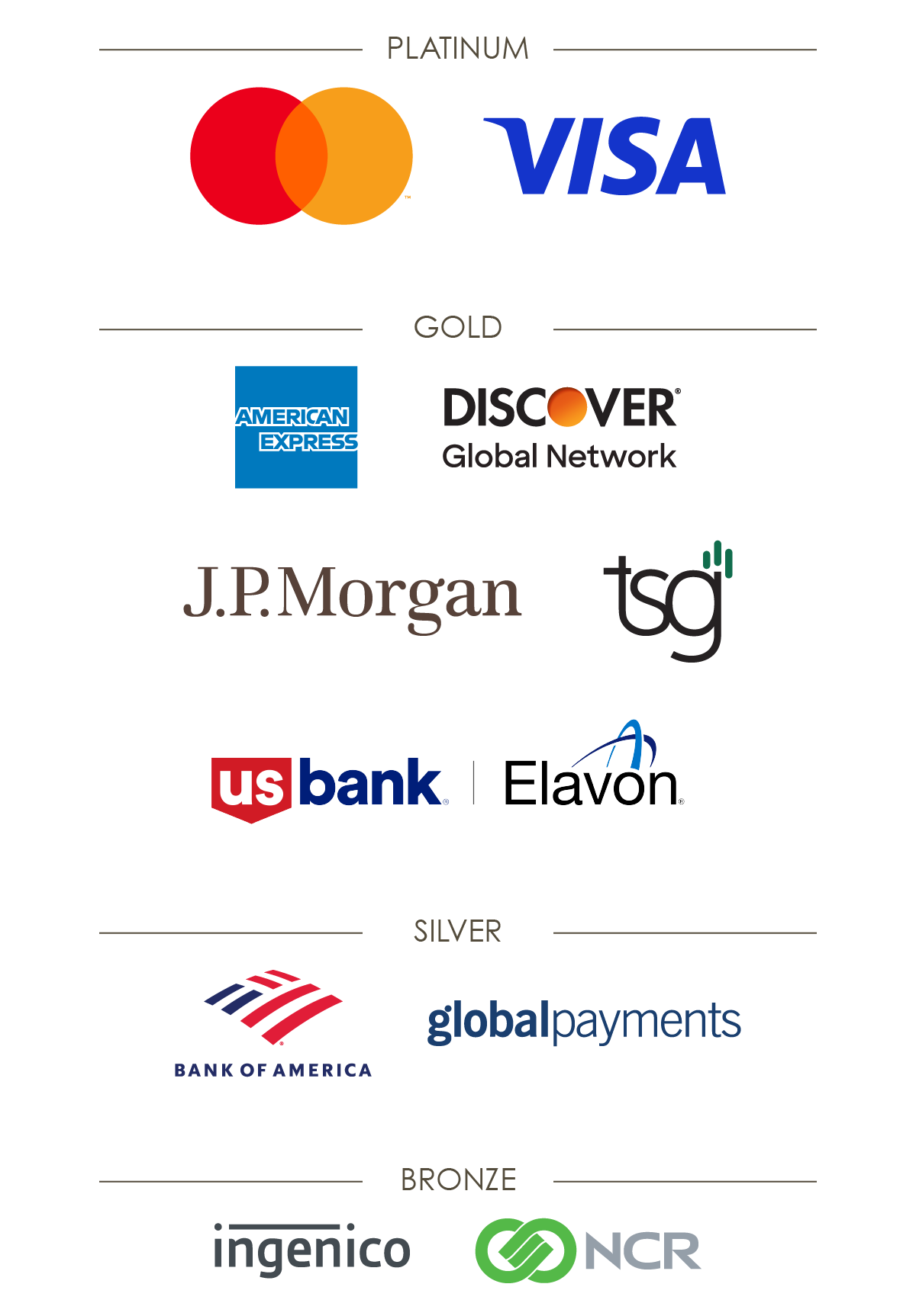 2023 SLF sponsors. Platinum: Mastercard, Visa. Gold: American Express, Discover, J.P. Morgan, TSG, US Bank - Elavon. Silver: Bank of America, Global Payments. Bronze: Ingenico, NCR